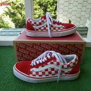 White and red checkered Vans